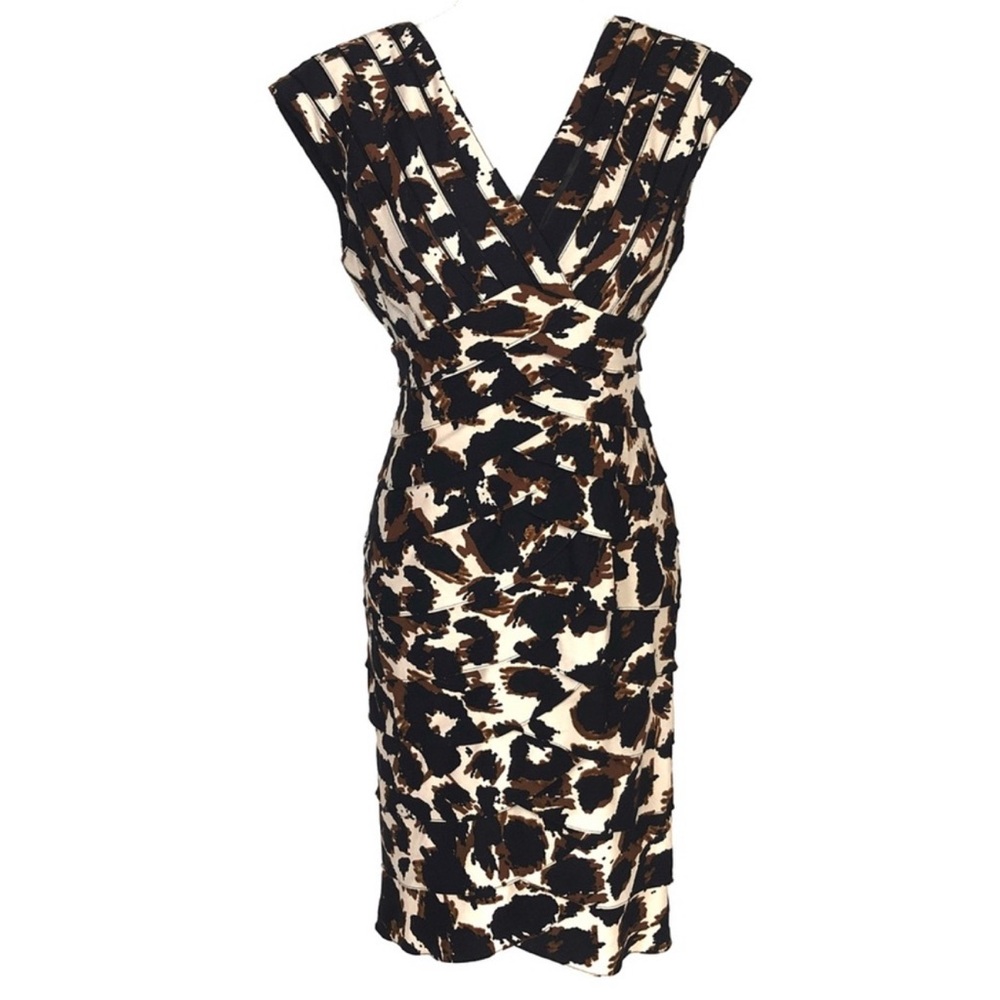 ADRIANNA PAPELL BODICE SHUTTER PLEAT DRESS CAP SLEEVE JERSEY LEOPARD PRINT DRESS